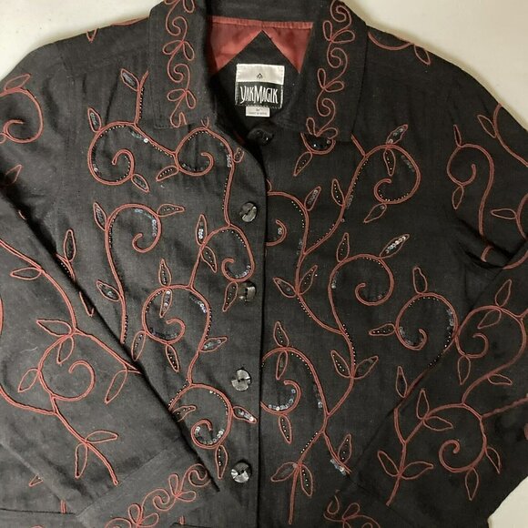 Yak Magik 100% Cotton Jacket Charcoal Black Red All Over Embroidery Sz M - Picture 2 of 12
